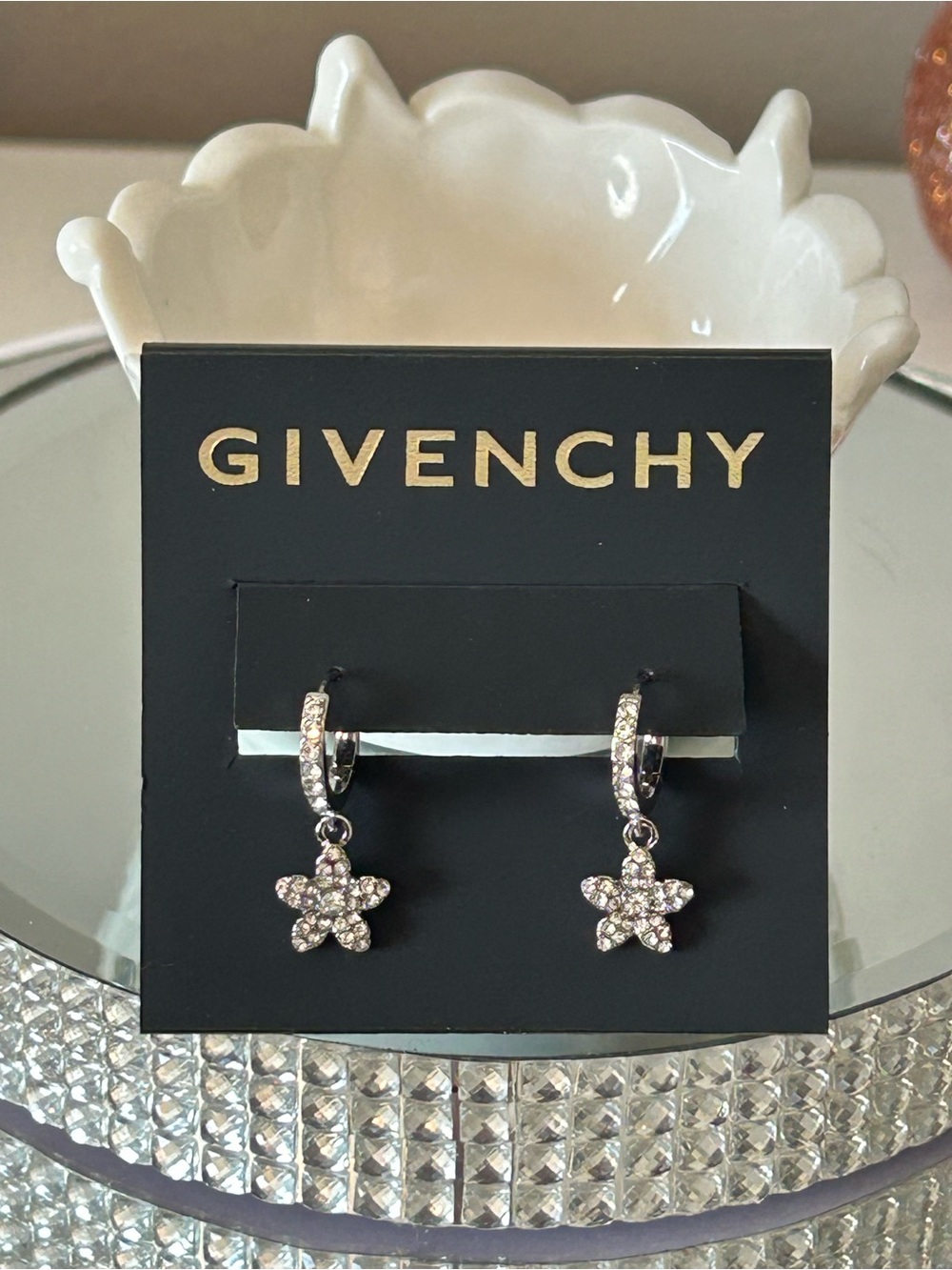 NWT! Givenchy Crystal Flower Charm Huggie Hoop Earrings - Picture 6 of 10